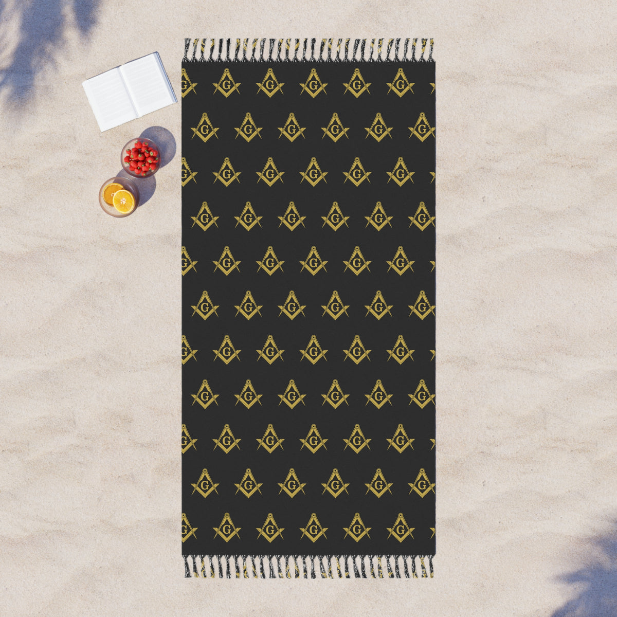 Master Mason Blue Lodge Towel - Black Polyester With Knotted Tassels - Bricks Masons