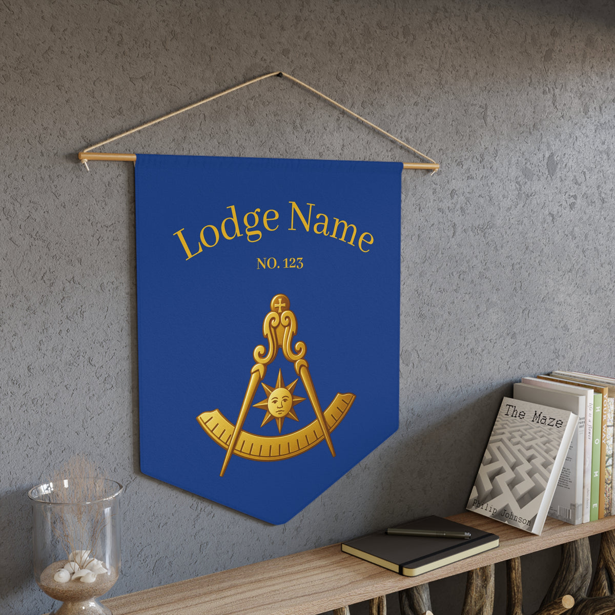Past Master Blue Lodge Pennant - Custom Gold & Blue with Compass & Quadrant Sun - Bricks Masons