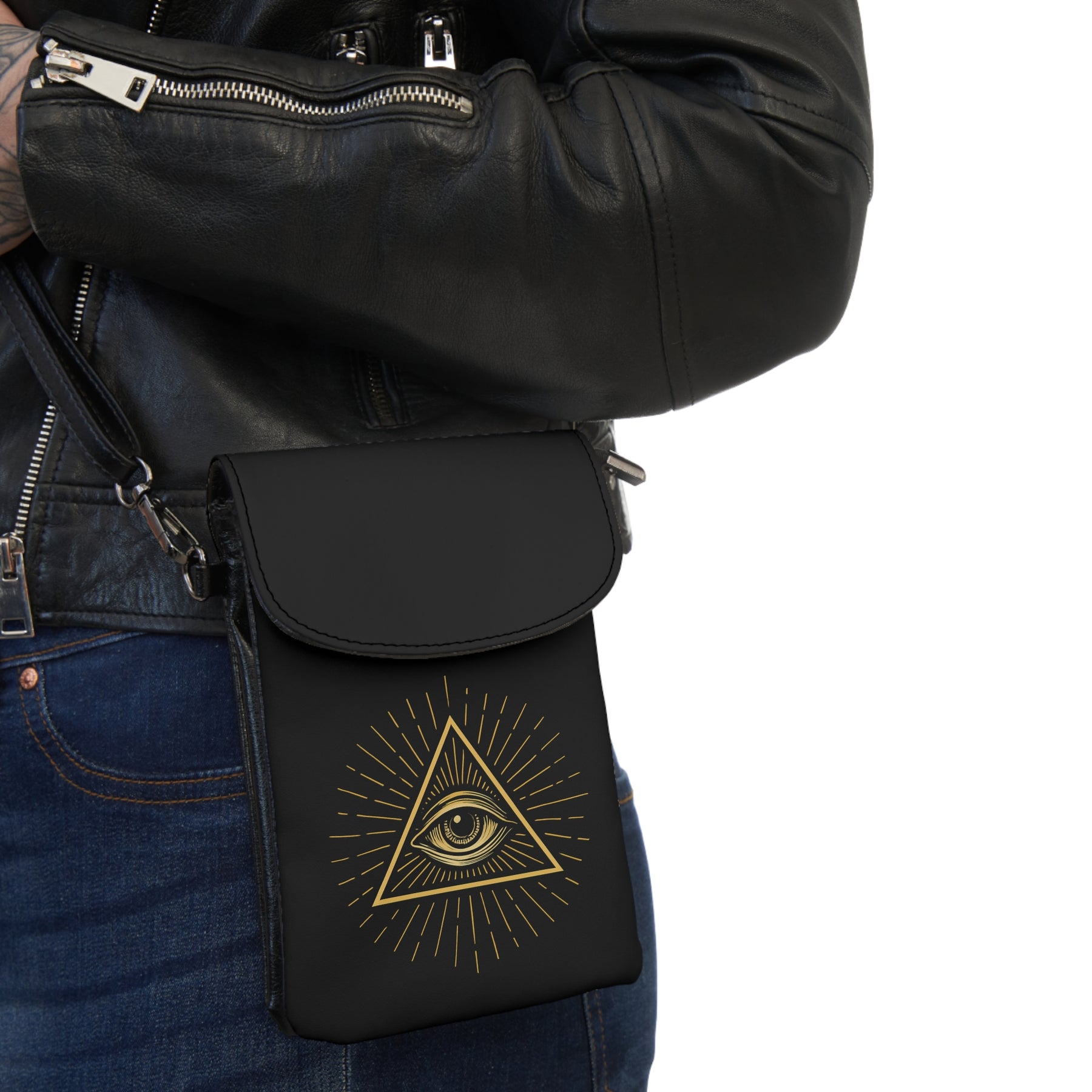 Eye of Providence Cell Phone Wallet - Black & Gold Microfiber Leather - Bricks Masons