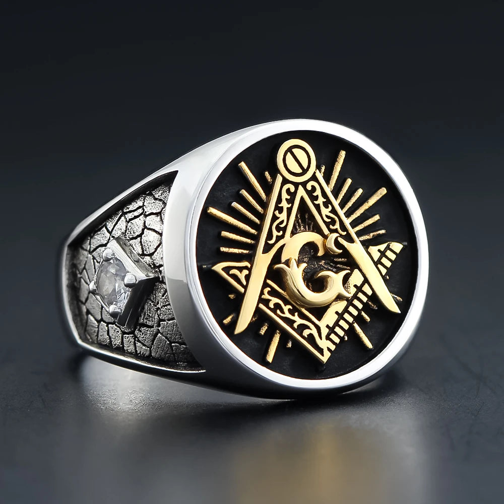 Master Mason Blue Lodge Ring - Sterling Silver S&C G with Stones On The Sides