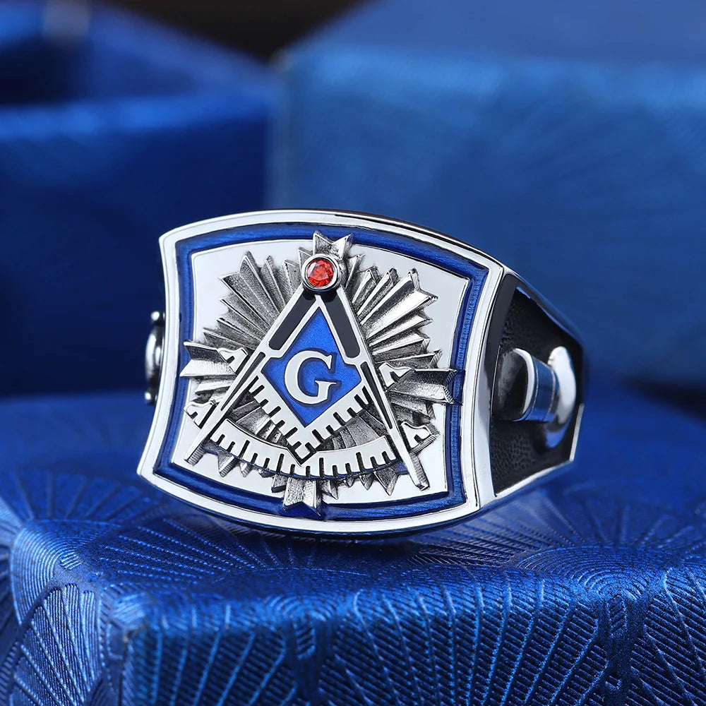 Past Master Blue Lodge Ring - Square & Compass Quadrant G Sterling Silver Ring - Bricks Masons