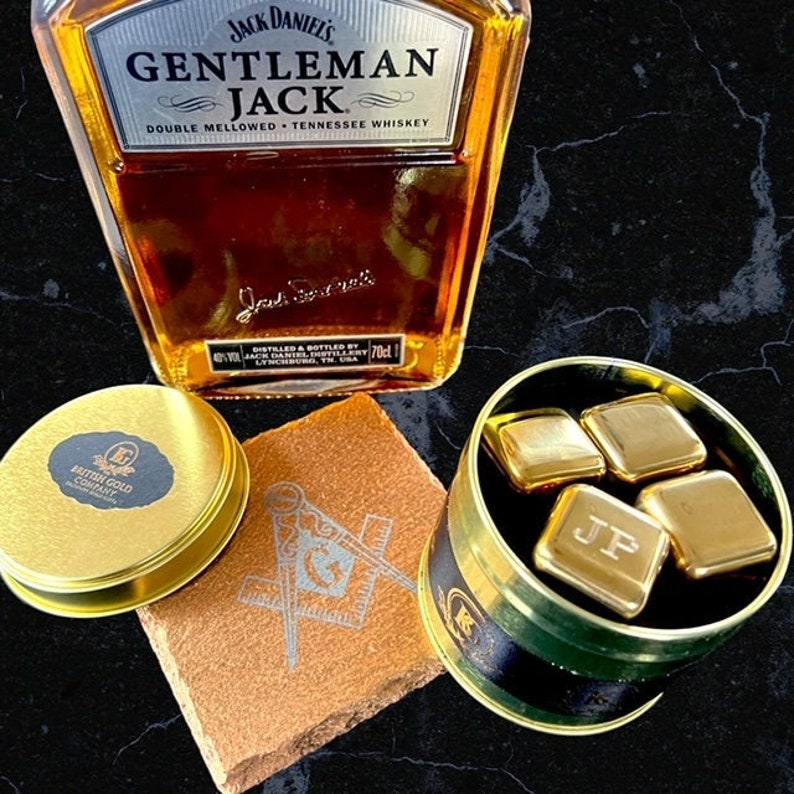 Master Mason Blue Lodge Reusable Ice Cubes - Gold Tongs Slate Coaster 6 Piece Gift Set - Bricks Masons