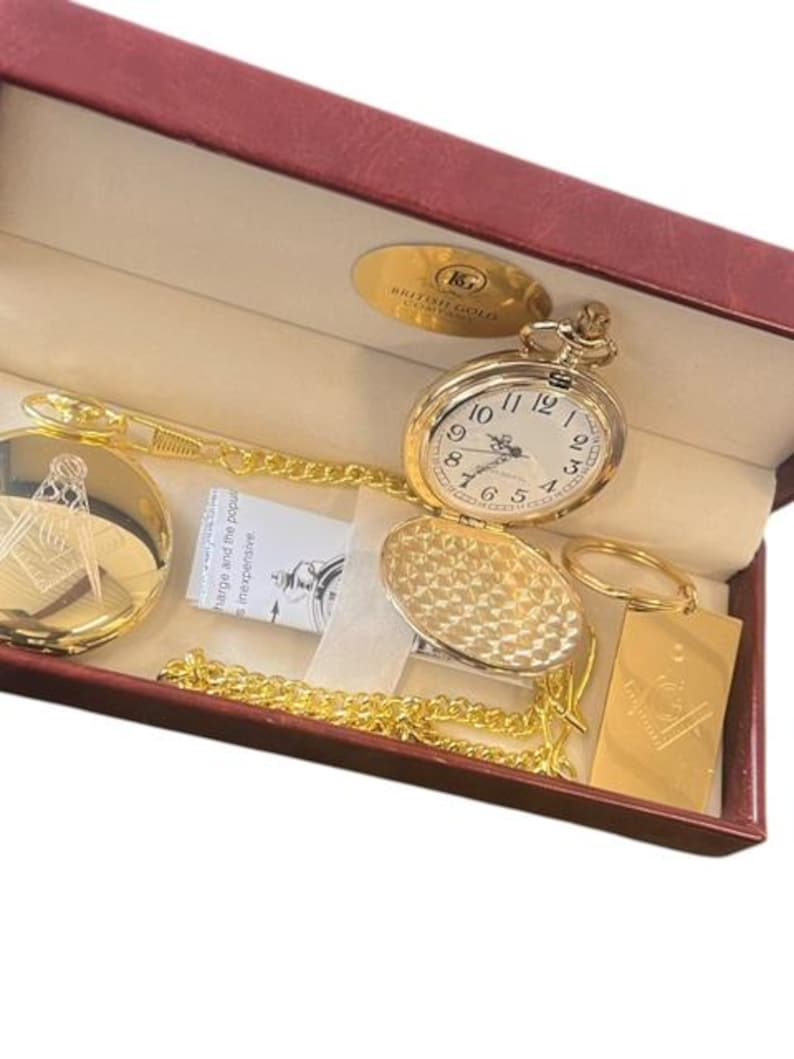 Master Mason Blue Lodge Pocket Watch - 24k Gold Clad Keyring Luxury Gift Set - Bricks Masons