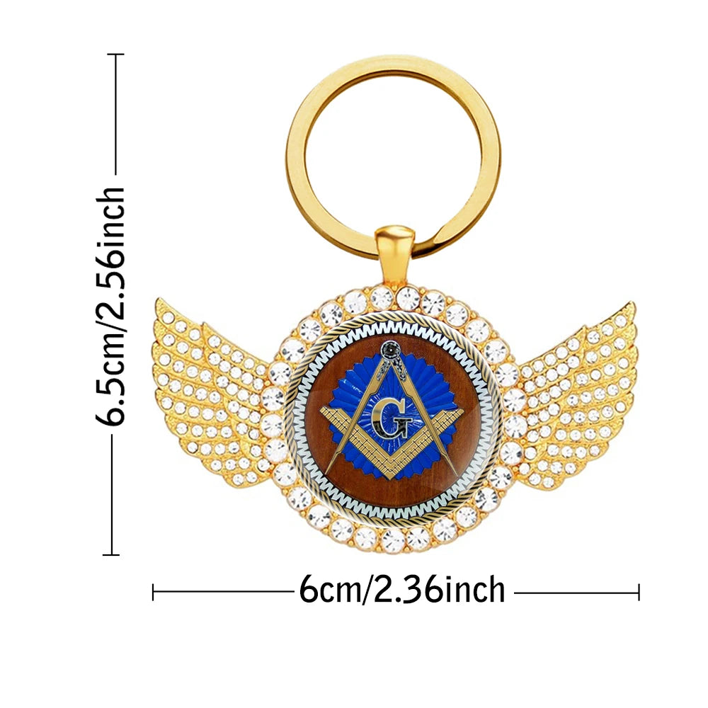 Master Mason Blue Lodge Keychain - Zinc Alloy Round Shape With Wings - Bricks Masons