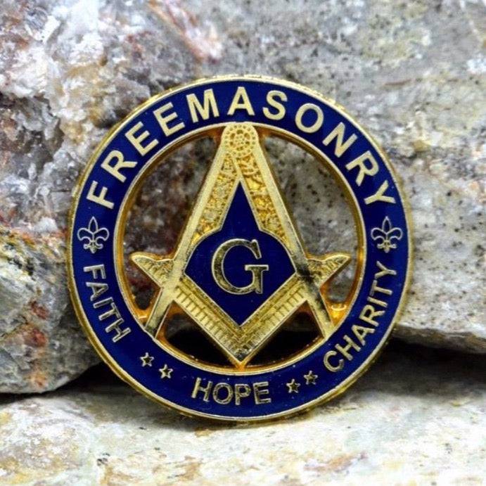 Master Mason Blue Lodge Lapel Pin - FAITH HOPE CHARITY Gold & Blue - Bricks Masons