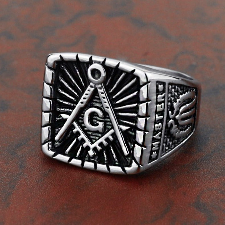 Master Mason Blue Lodge Ring - Silver Mason Square & Compass G - Bricks Masons