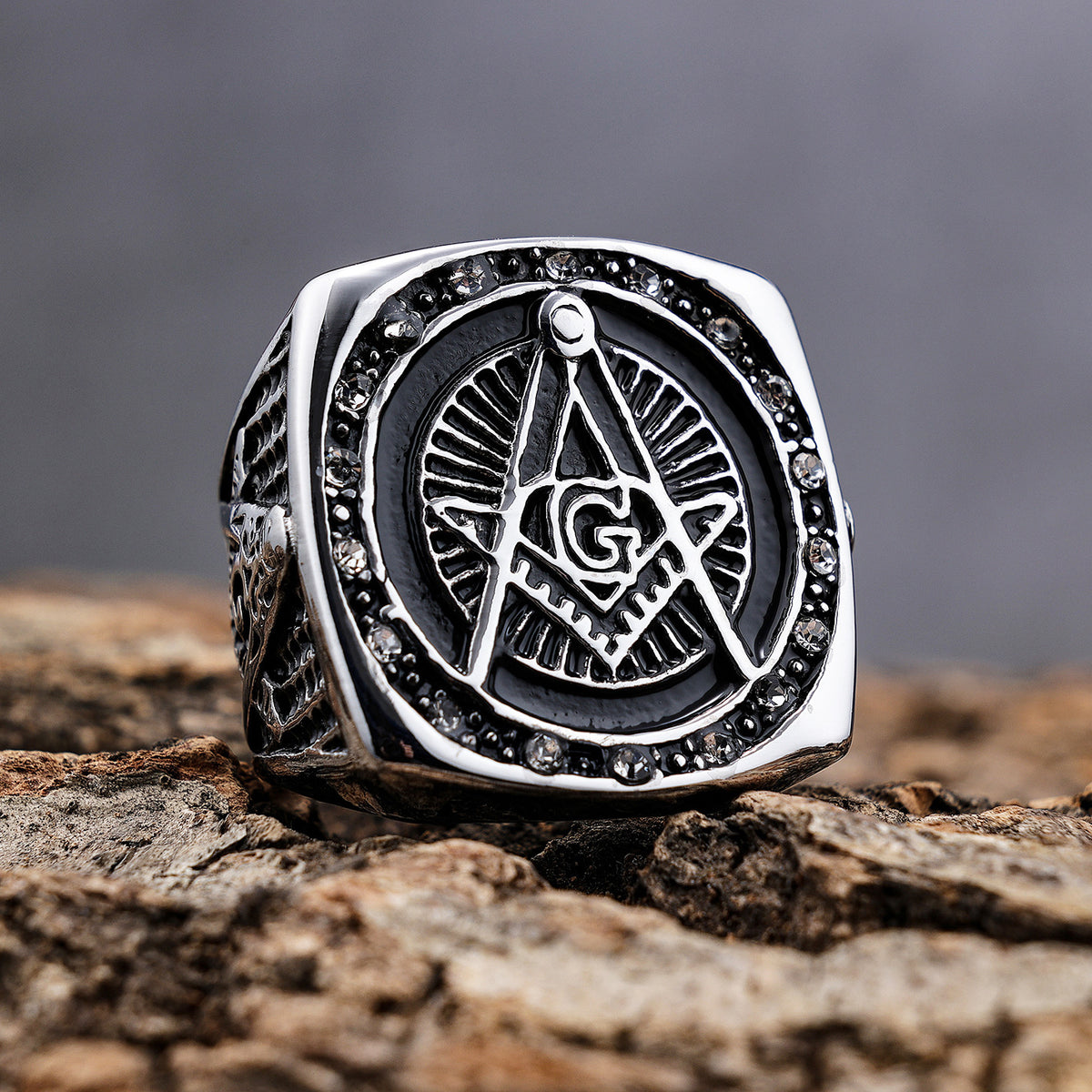 Master Mason Blue Lodge Ring - Square and Compass G Rhinestone - Bricks Masons