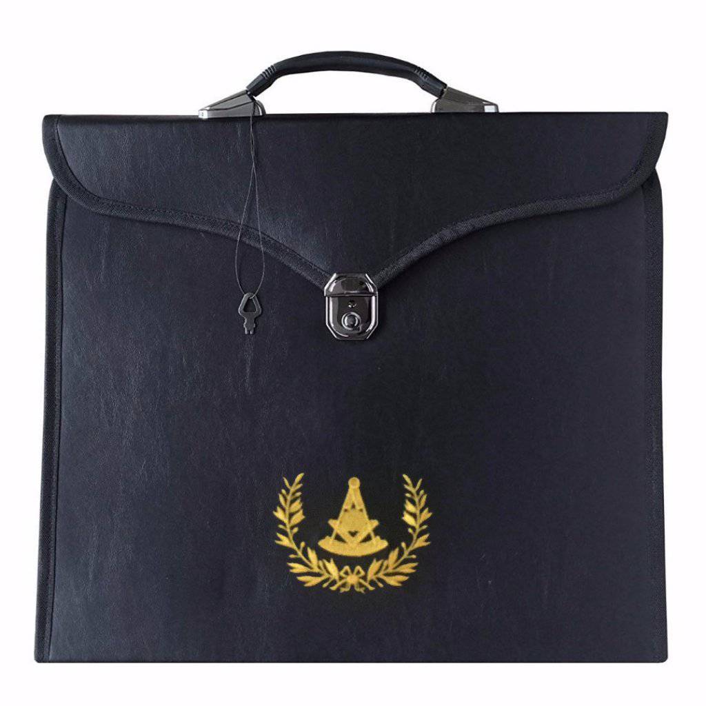 Past Master Blue Lodge Apron Case - Black Leather with Yellow Acacia Leafs MM, WM, Provincial - Bricks Masons