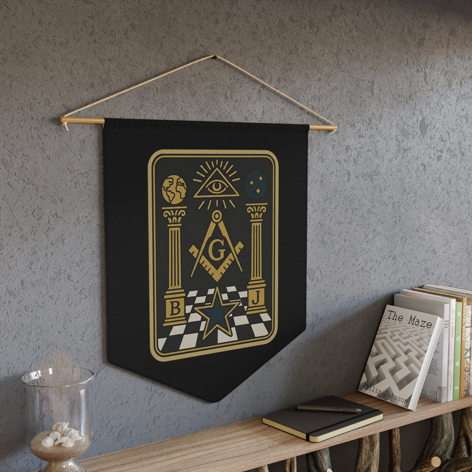 Master Mason Blue Lodge Pennant - Eye and Star S&C with Pillars on Checkered Floor - Bricks Masons