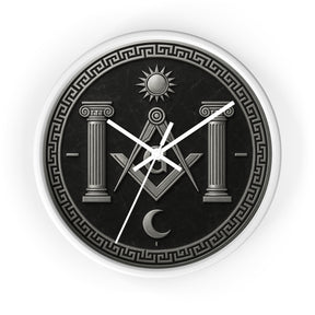 Master Mason Blue Lodge Clock - S&C with Pillars Sun & Moon on Wooden Frame - Bricks Masons