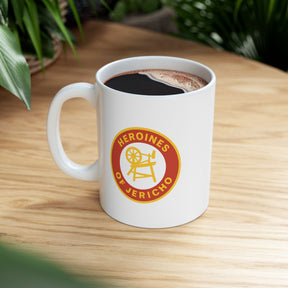 Heroines of Jericho Mug - White with Spinning Wheel and Chair Emblem - Bricks Masons