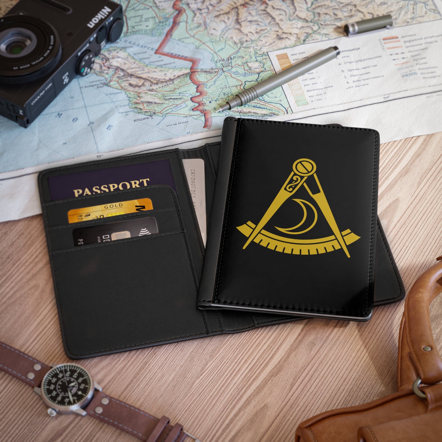 District Deputy Grand Master Blue Lodge Passport Cover - Black & Gold PU Leather - Bricks Masons