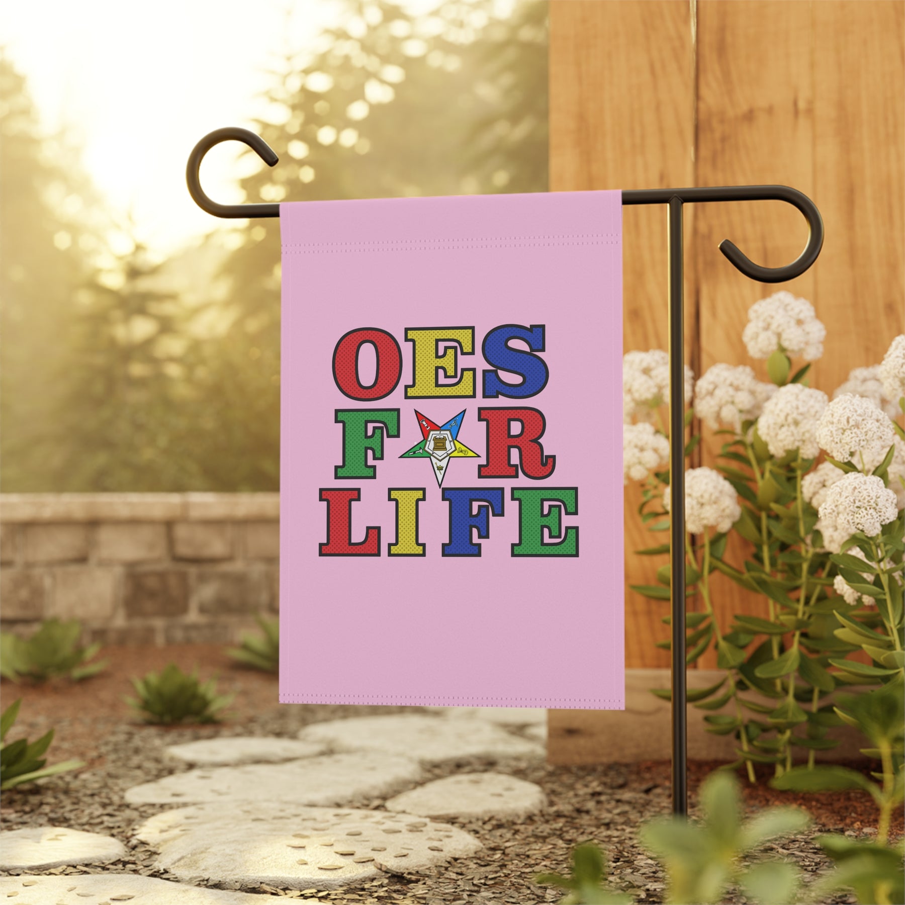 OES Yard Flag - Pink OES For Life Poly Poplin - Bricks Masons