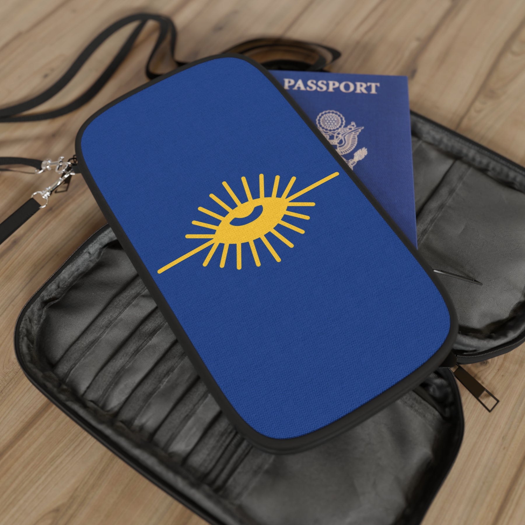 Knights of the All Seeing Eye Passport Wallet - Blue & Yellow Eye With Shoulder & Wrist Strap - Bricks Masons