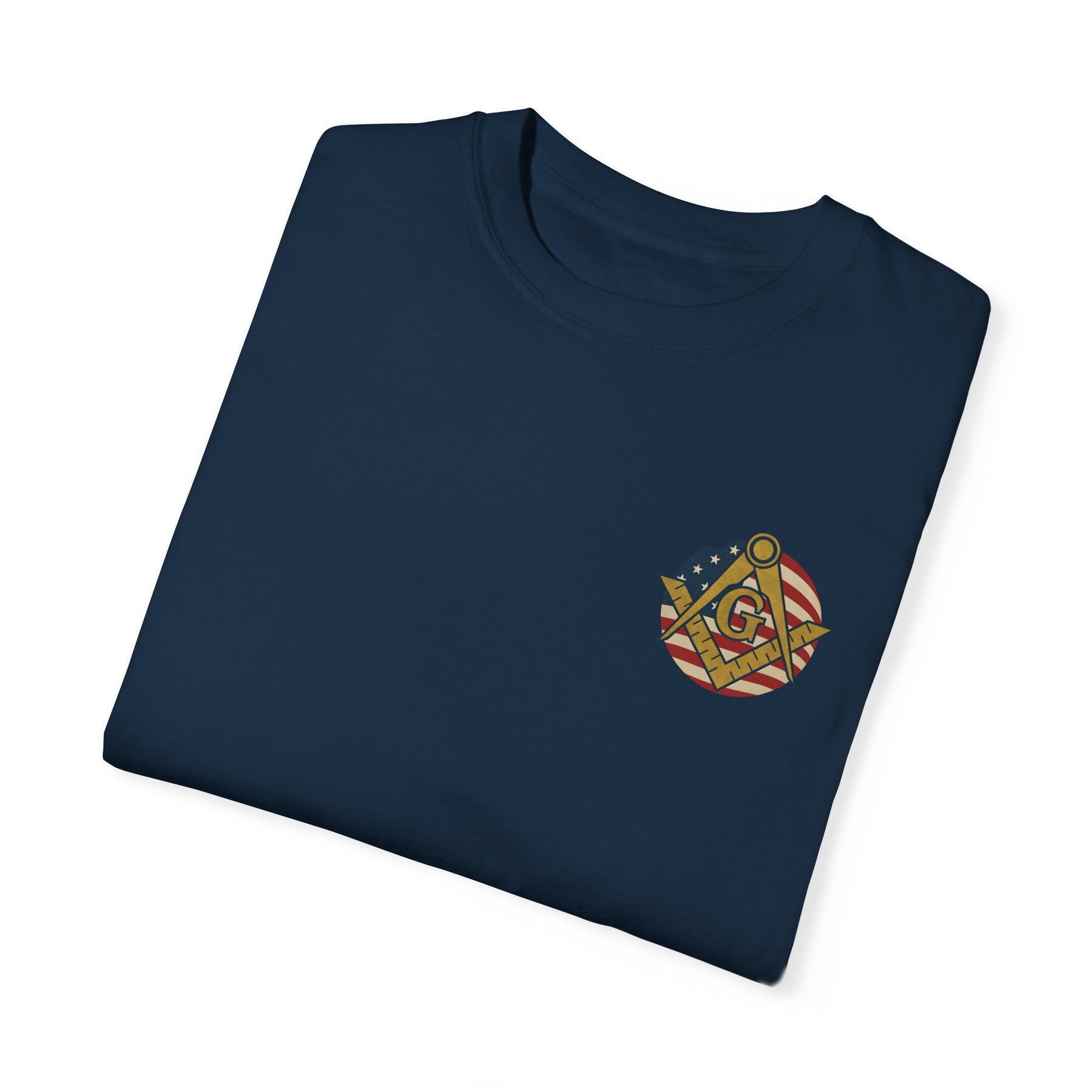Master Mason Blue Lodge T-Shirt - Garment-Dyed US Flag Square & Compass G - Bricks Masons