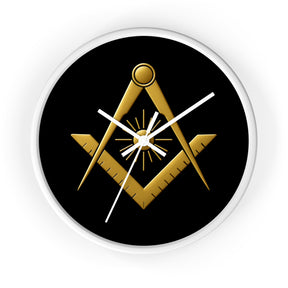 Master Mason Blue Lodge Clock - Golden S&C with Sun in Wooden Frame - Bricks Masons