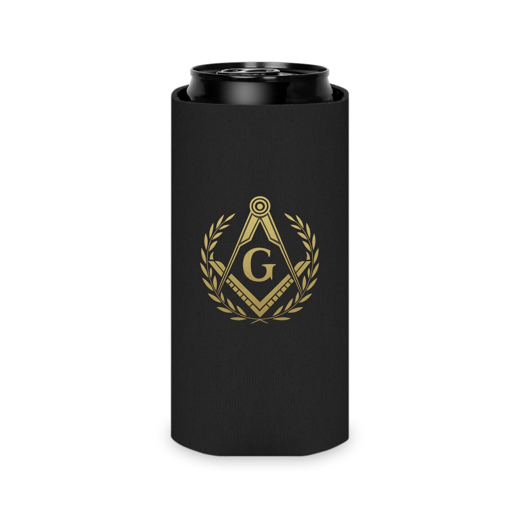 Master Mason Blue Lodge Can Cooler - Gold Square & Compass G With Wreath - Bricks Masons
