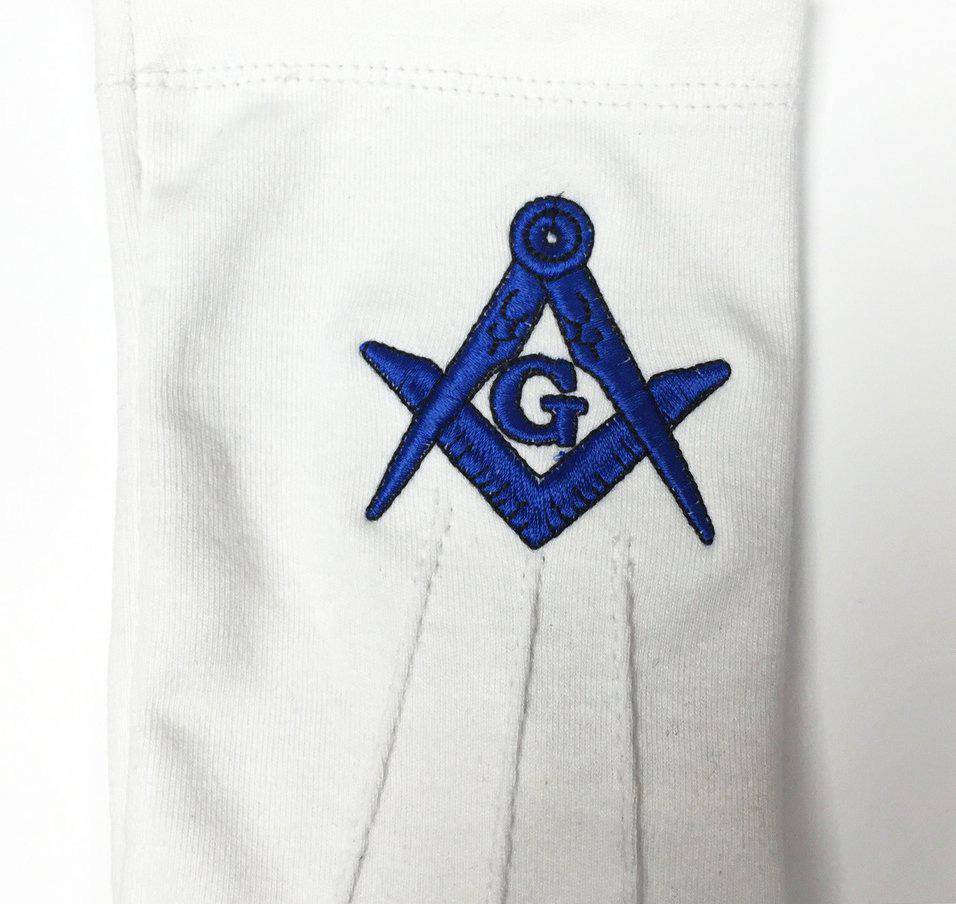 Master Mason Blue Lodge Gloves - White Cotton Machine Embroidery