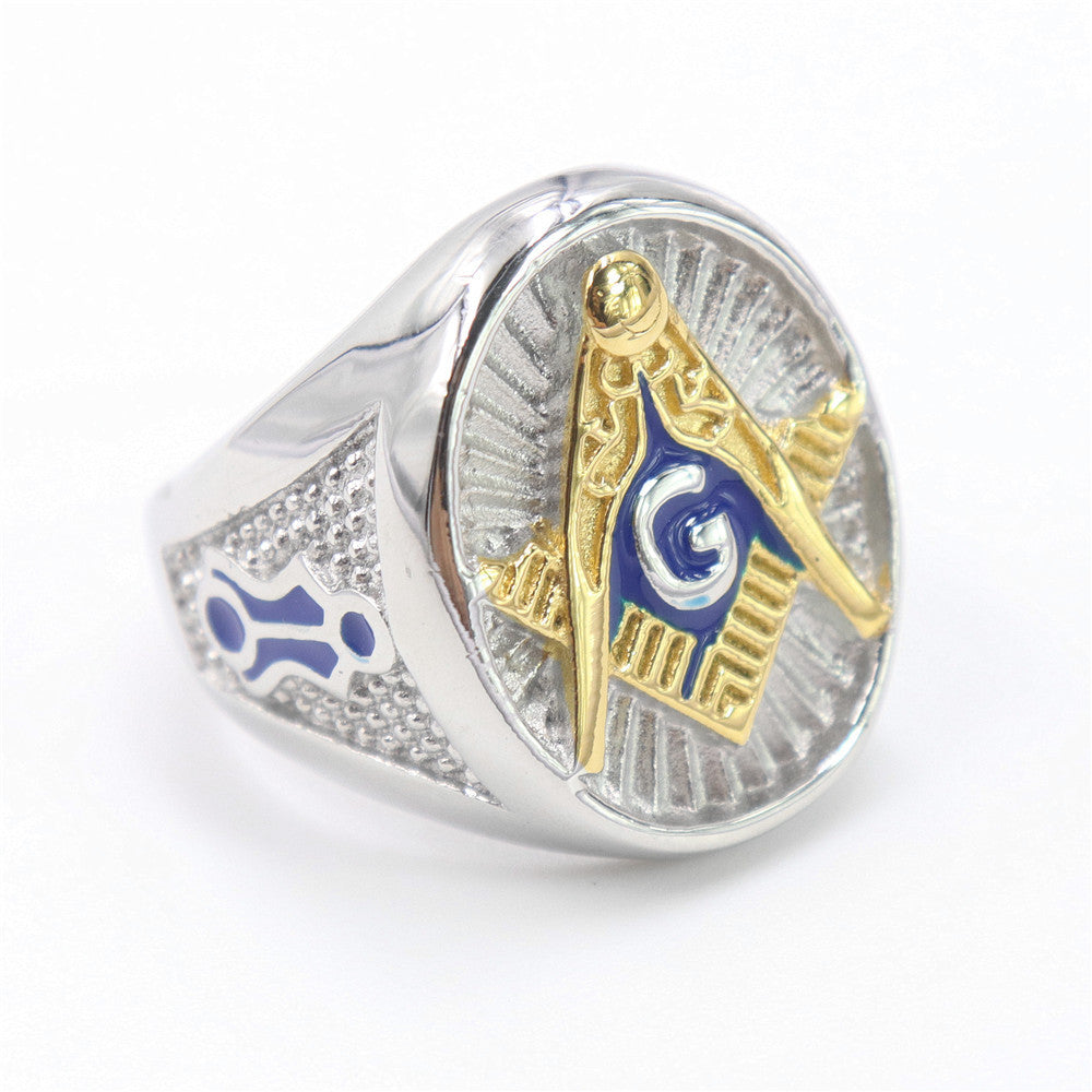 Master Mason Blue Lodge Ring - Blue Solid Stainless Steel With Gold Square & Compass G - Bricks Masons