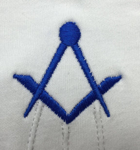 Master Mason Blue Lodge Gloves - White Cotton with Royal Blue Thin Square & Compass