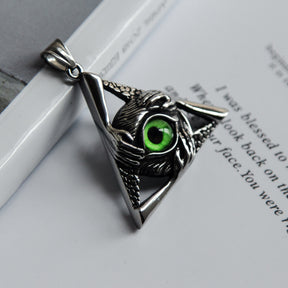 Eye Of Providence Necklace - Silver Stainless Steel Green All Seeing Eye Pendant - Bricks Masons