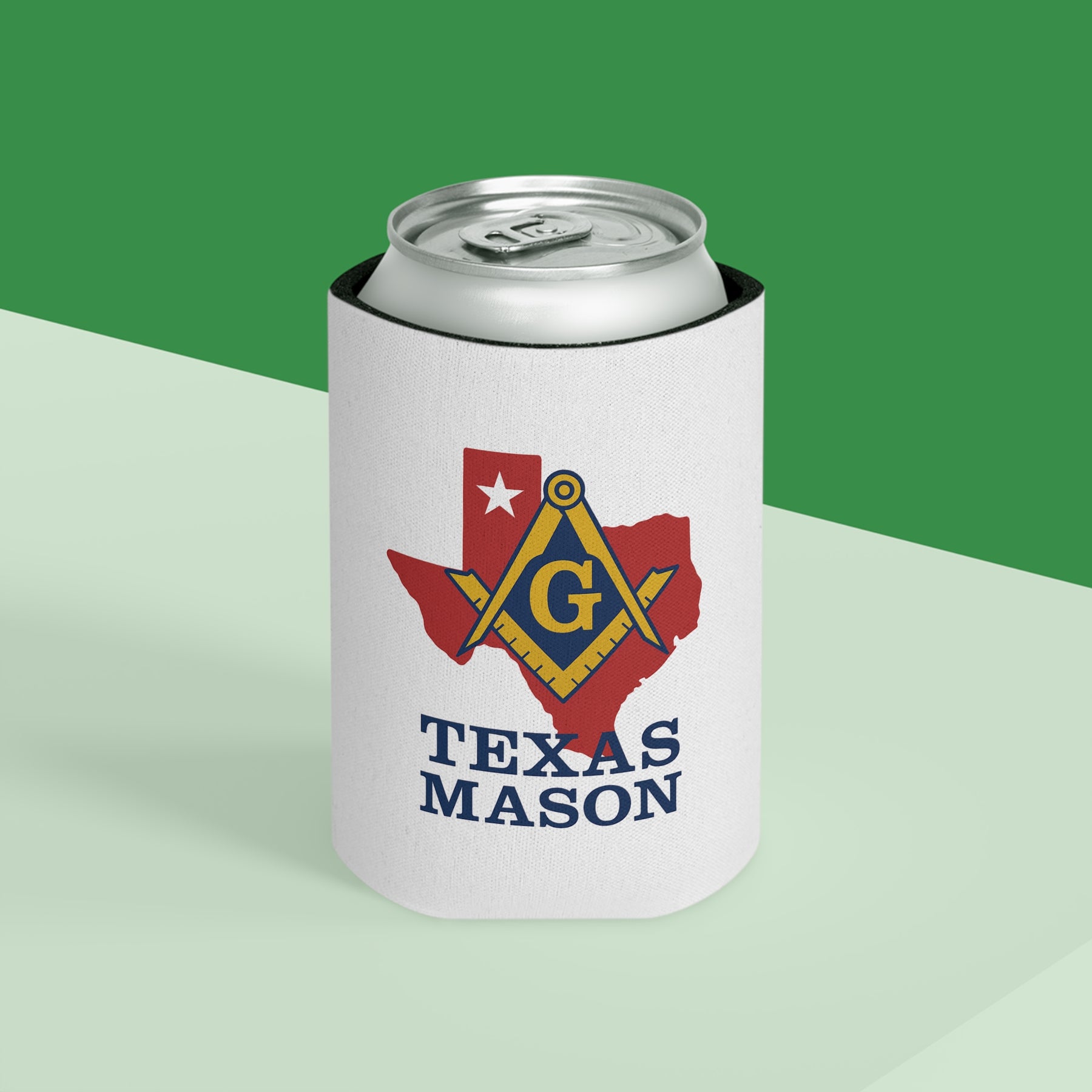 Master Mason Blue Lodge Can Cooler - Texas Mason Square & Compass G - Bricks Masons