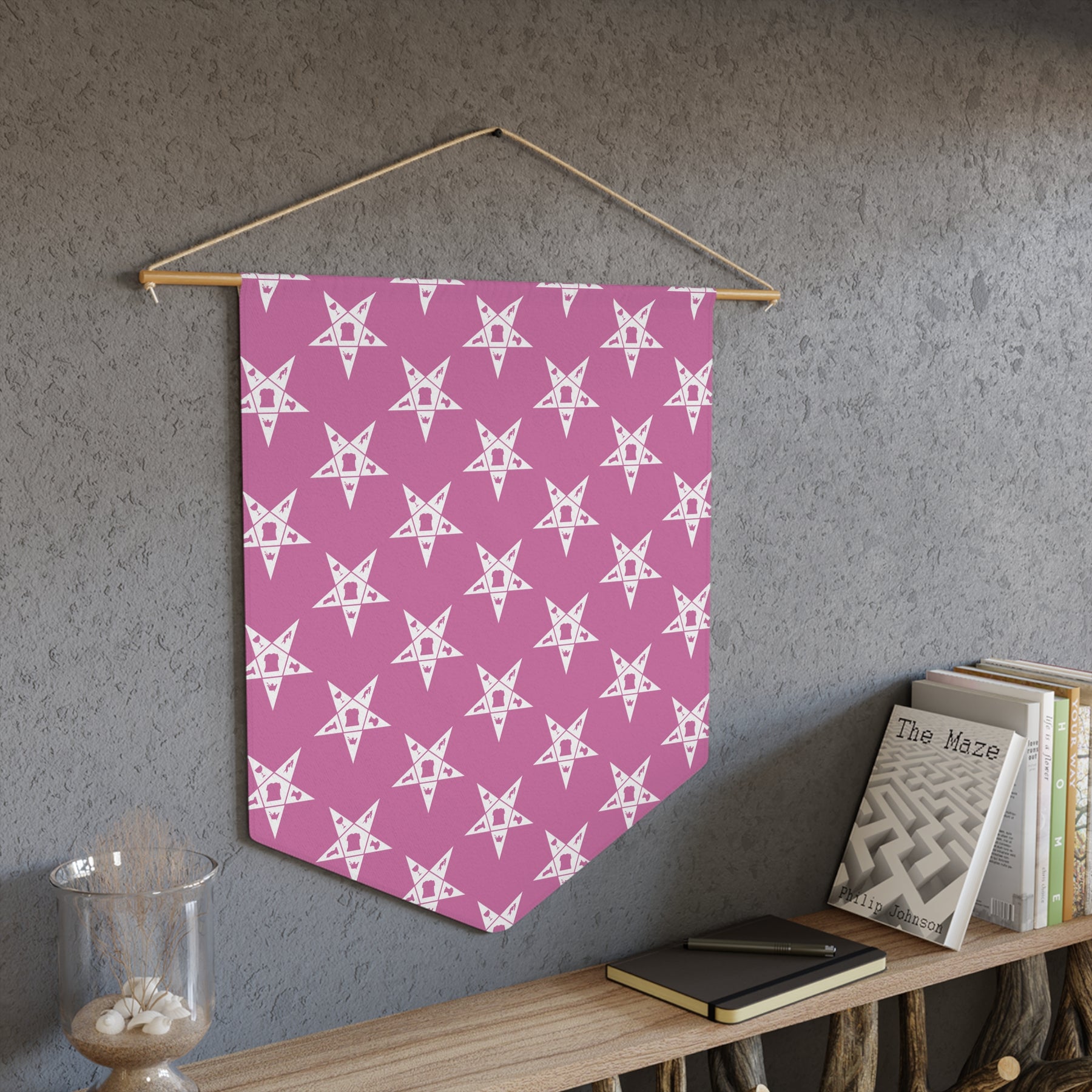 OES Pennant - Order of the Eastern Star Pattern on Polyester Twill With Wooden Dowel - Bricks Masons