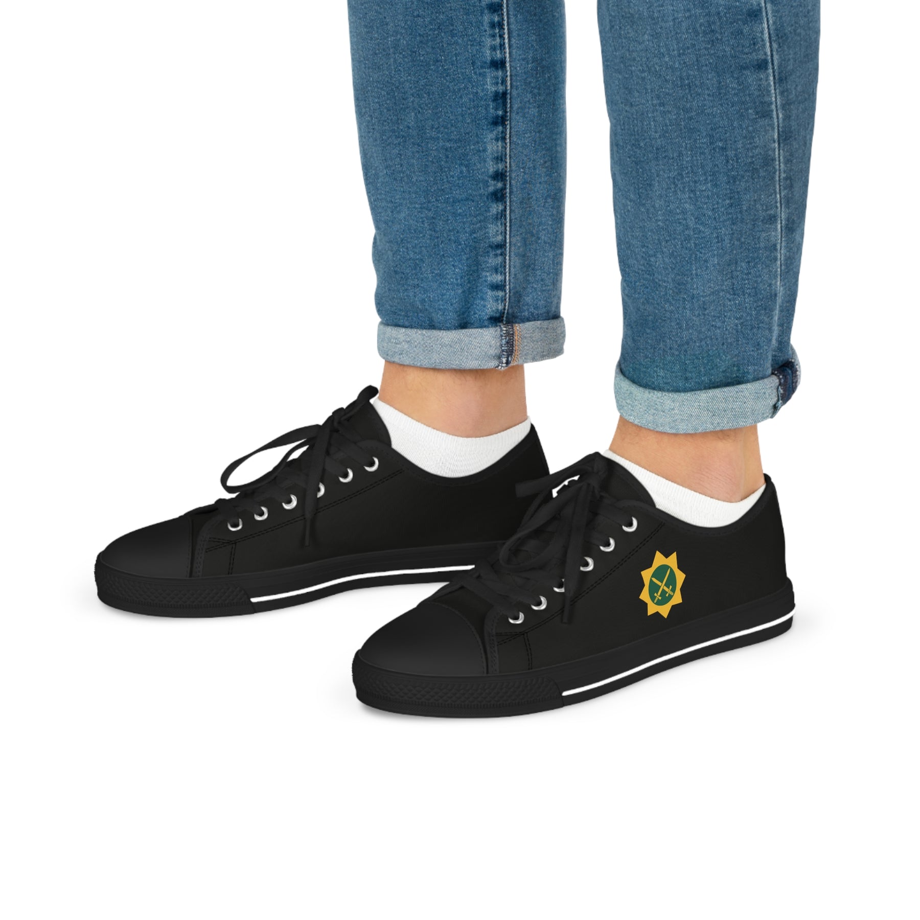 Red Cross of Babylone Sneaker - Low Top Sneaker Black & White Gold & Green Emblem - Bricks Masons