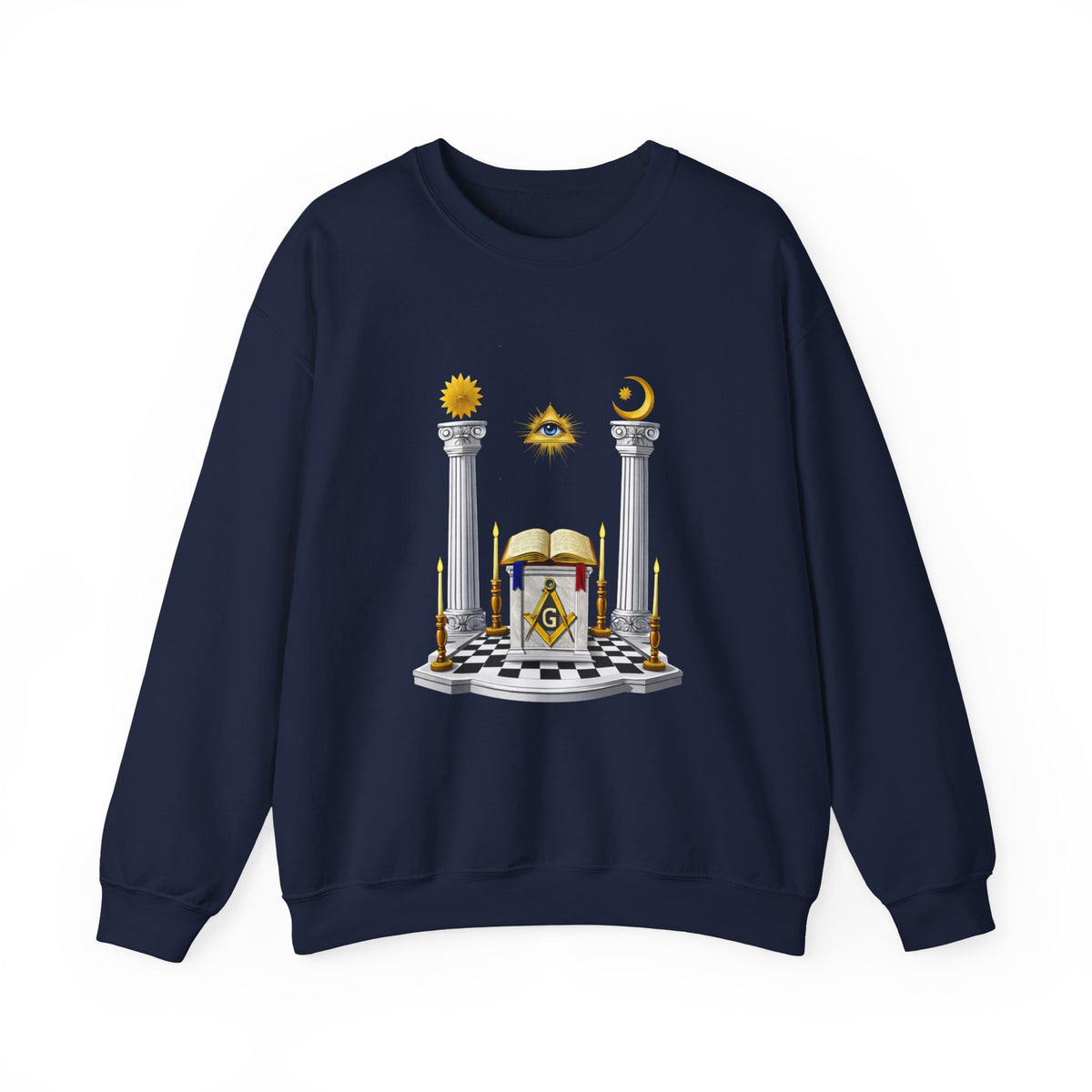 Master Mason Blue Lodge Sweatshirt - S&C G with Altar Pillars and Eye on Checkered Floor