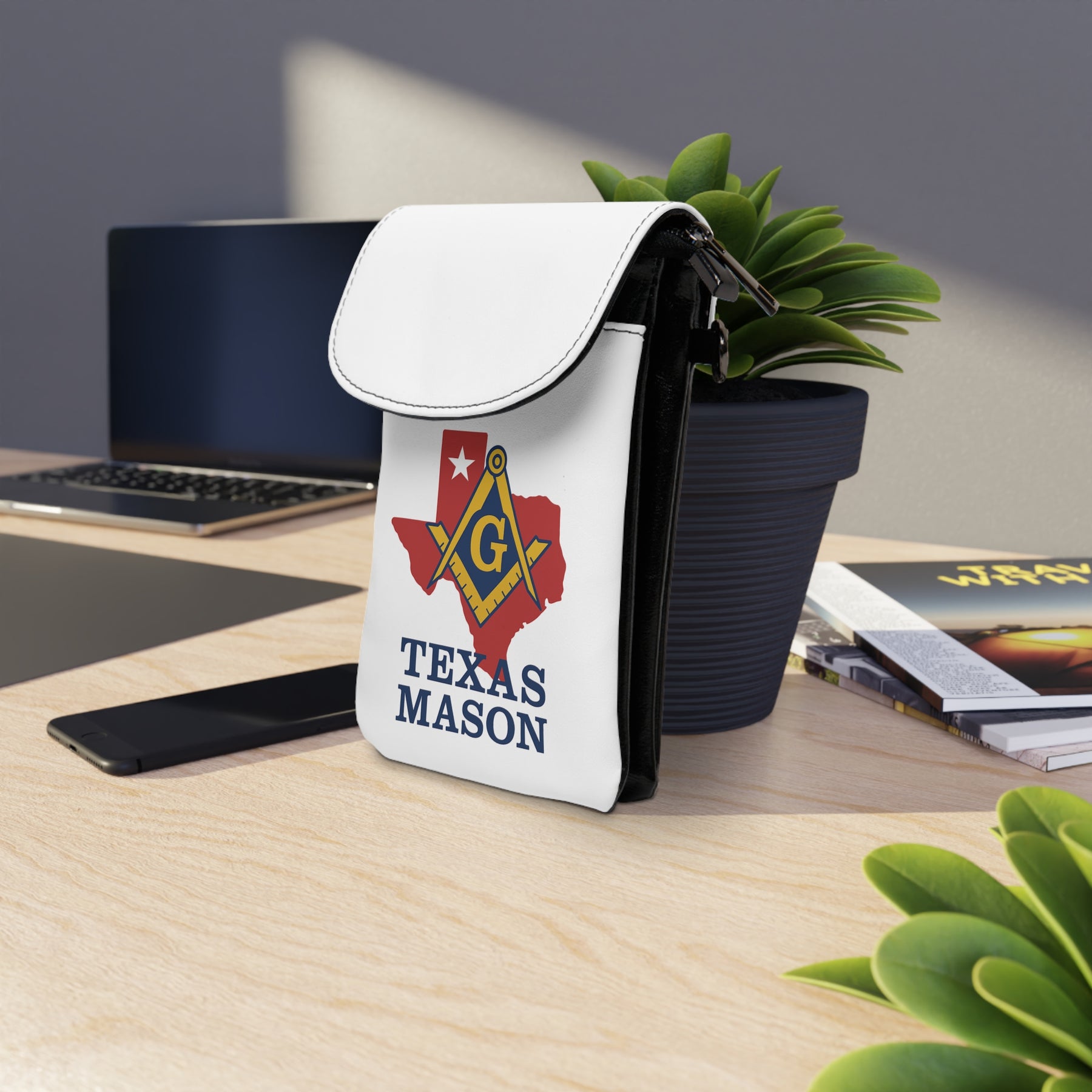 Master Mason Blue Lodge Cell Phone Wallet - Texas Masons White Microfiber Leather - Bricks Masons