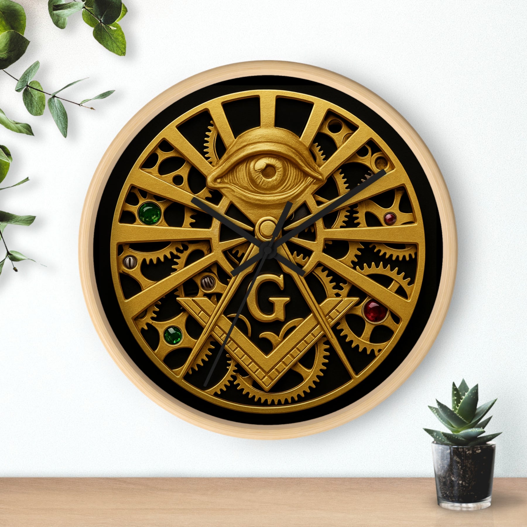 Master Mason Blue Lodge Clock - All Seeing Eye S&C Gear in Wooden Frame - Bricks Masons