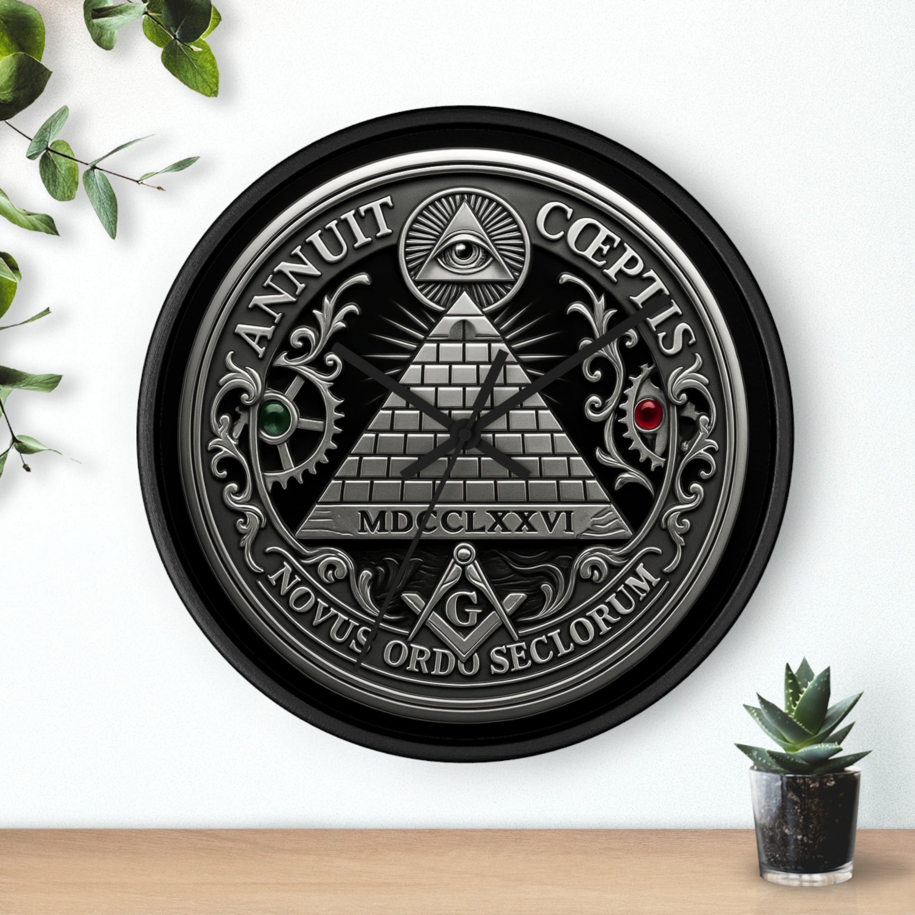 Master Mason Blue Lodge Clock - S&C with Pyramid & All Seeing Eye Latin Motto - Bricks Masons