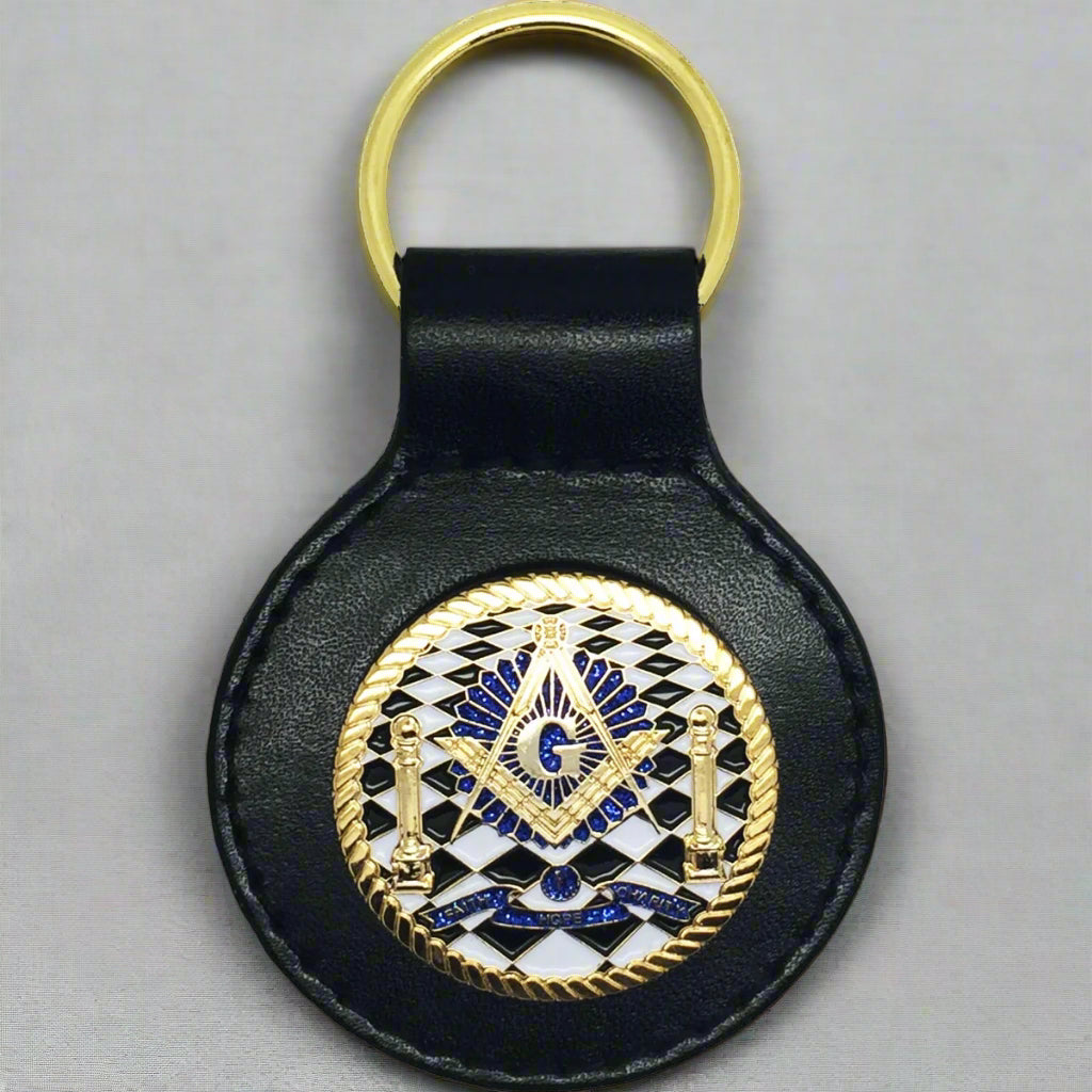 Master Mason Blue Lodge Keychain - Black Leather Chekered Floor With Pillars - Bricks Masons