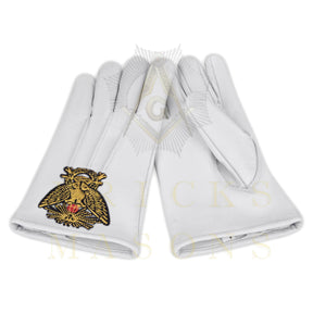 33rd Degree Scottish Rite Gloves -  White Leather Eagle Wings Up Patch - Bricks Masons