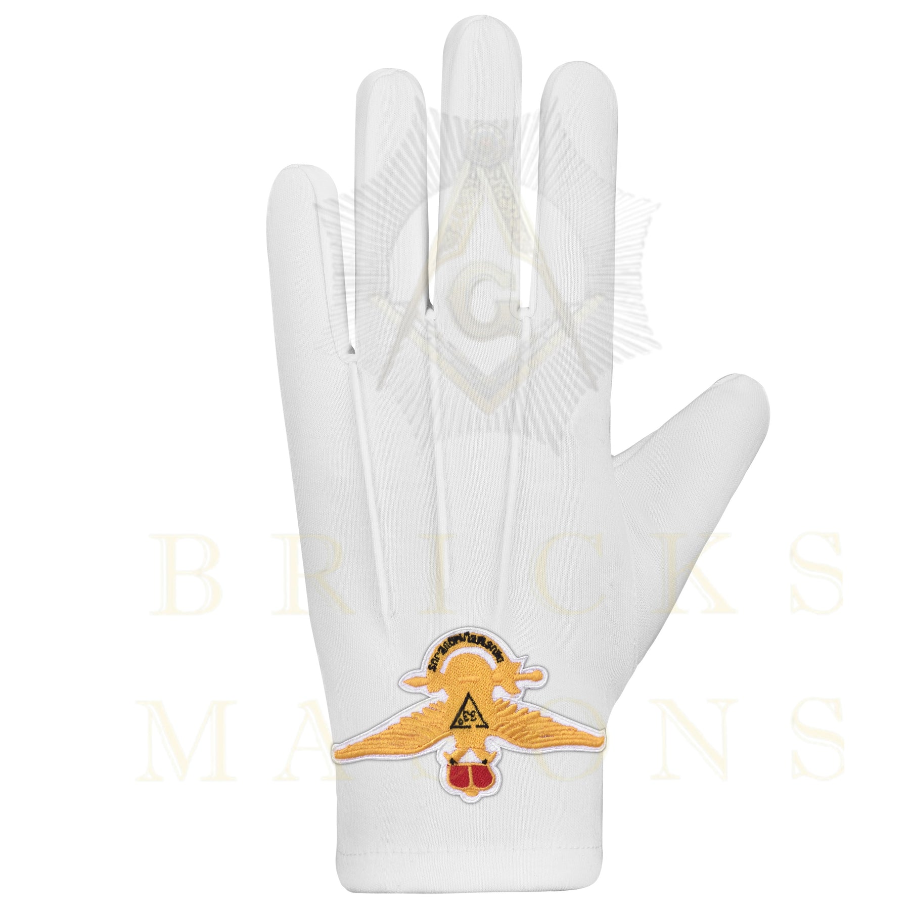 33rd Degree Scottish Rite Gloves - White Cotton Eagle Patch Wings Up - Bricks Masons