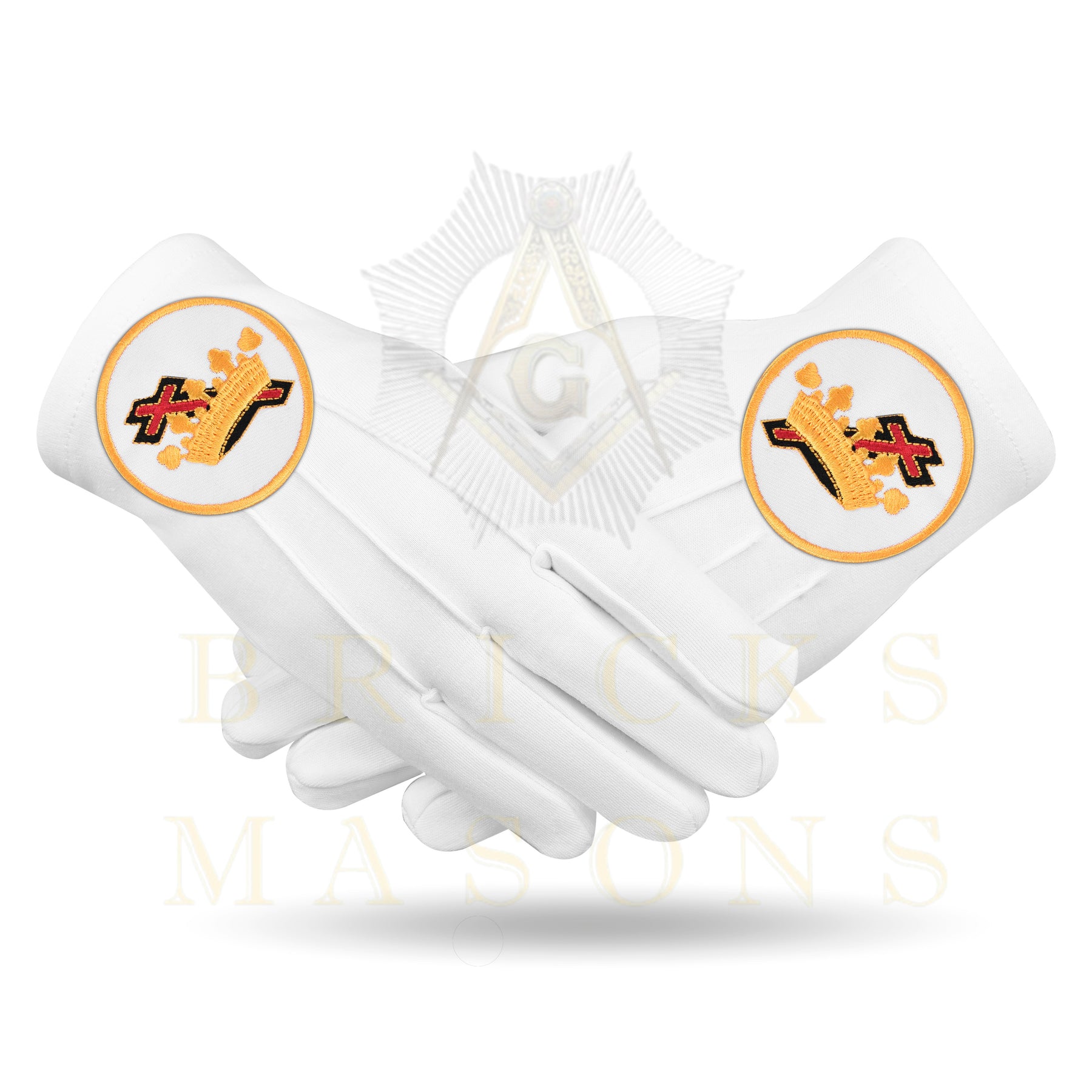 Lady Knights HoTC Gloves - White Cotton Cross and Crown emblem - Bricks Masons