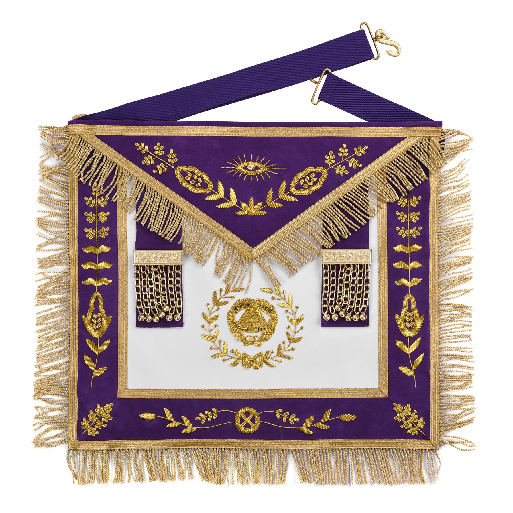 Grand Master Blue Lodge Apron - Purple Velvet Gold Bullion With Golden Braid Fringe