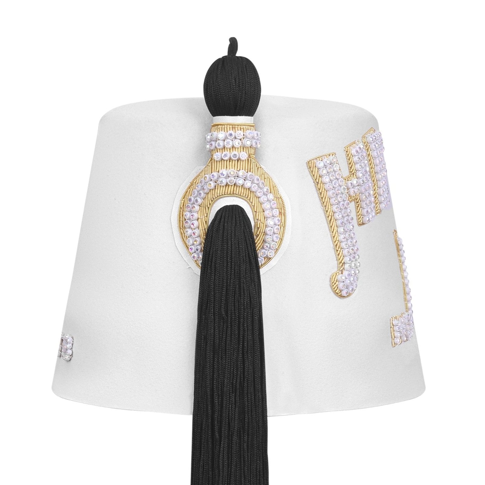 DOI PHA Fez Hat - Pure White & Gold Embroidery With Rhinestones (3 Rows as pictured)