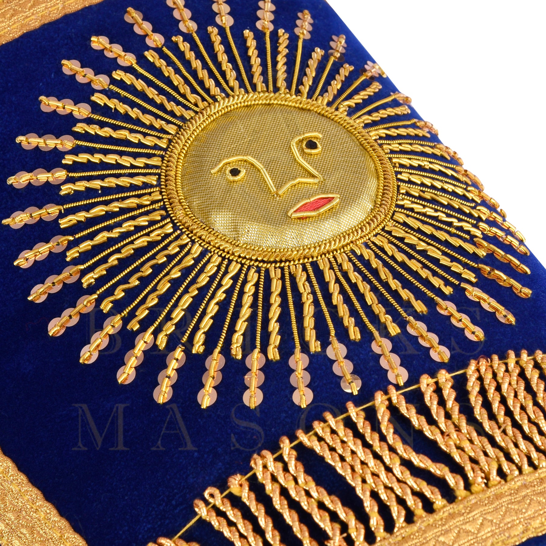 Grand Master Blue Lodge Cuff - Hand-embroidered Gold Sun & Blue Velvet - Bricks Masons