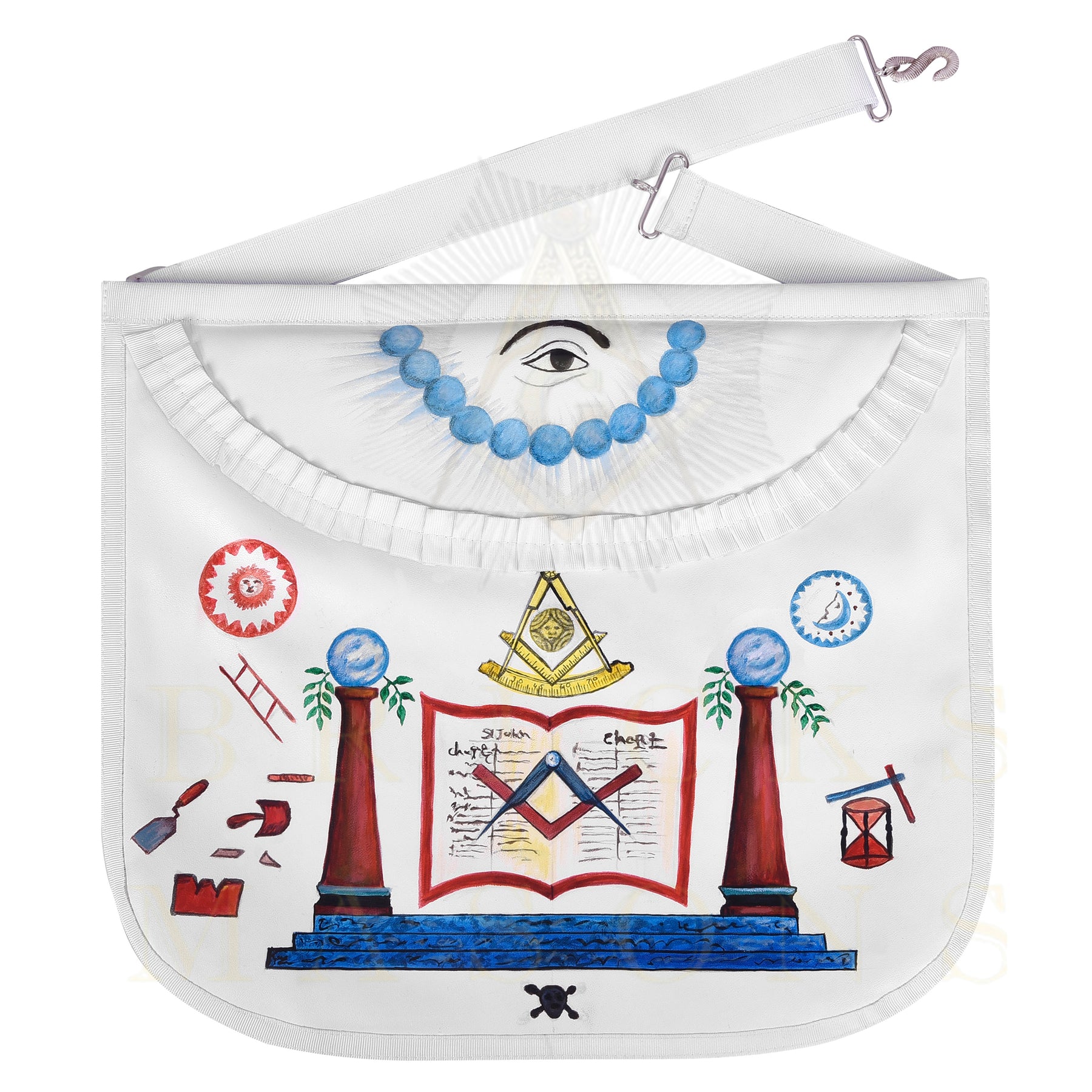 Hand-Painted Apron - Lambskin The Two Pillars of Jachin & Boaz - Bricks Masons