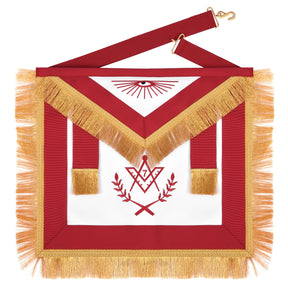 Master Mason Blue Lodge Apron - Red Ribbon Golden Bullion With Wreath & Fringe - Bricks Masons