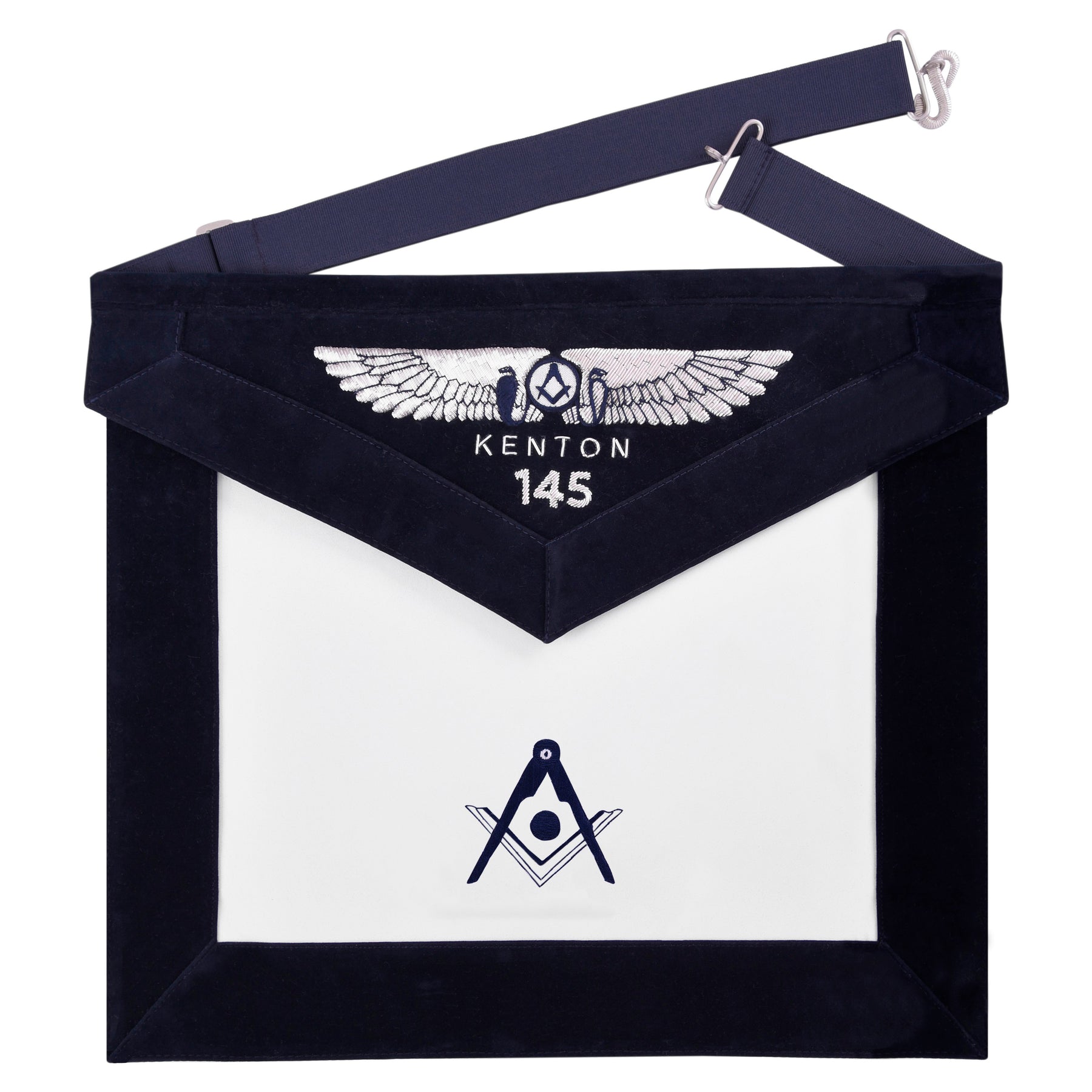 Senior Deacon California Officer Apron - Kenton Lodge Navy Velvet With Silver Embroidery Thread