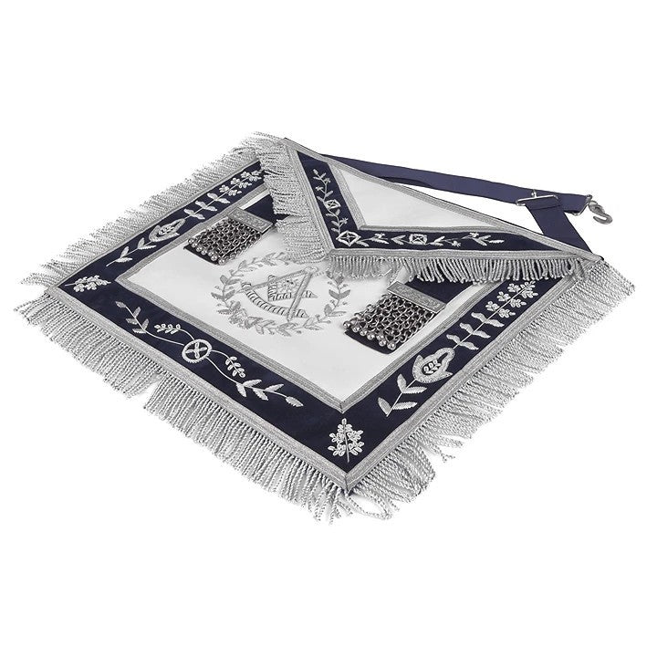 Grand Past Master Blue Lodge Apron - Blue Velvet With Silver Rayon Fringe