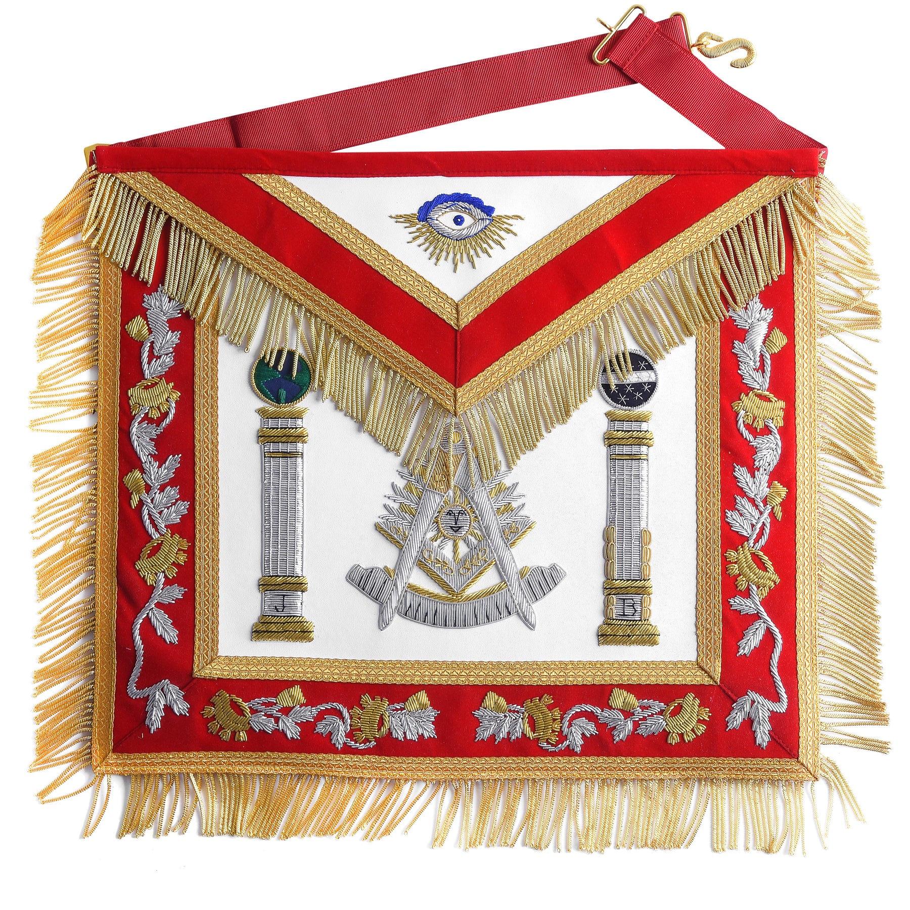 Past Master Blue Lodge California Regulation Apron - Red & Gold Hand Embroidery Bullion With Pillars - Bricks Masons