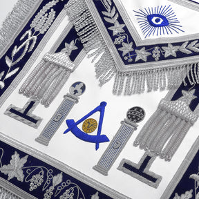 Past Master Blue Lodge California Regulation Apron - Blue & Silver Hand Embroidery Bullion With Pillars - Bricks Masons