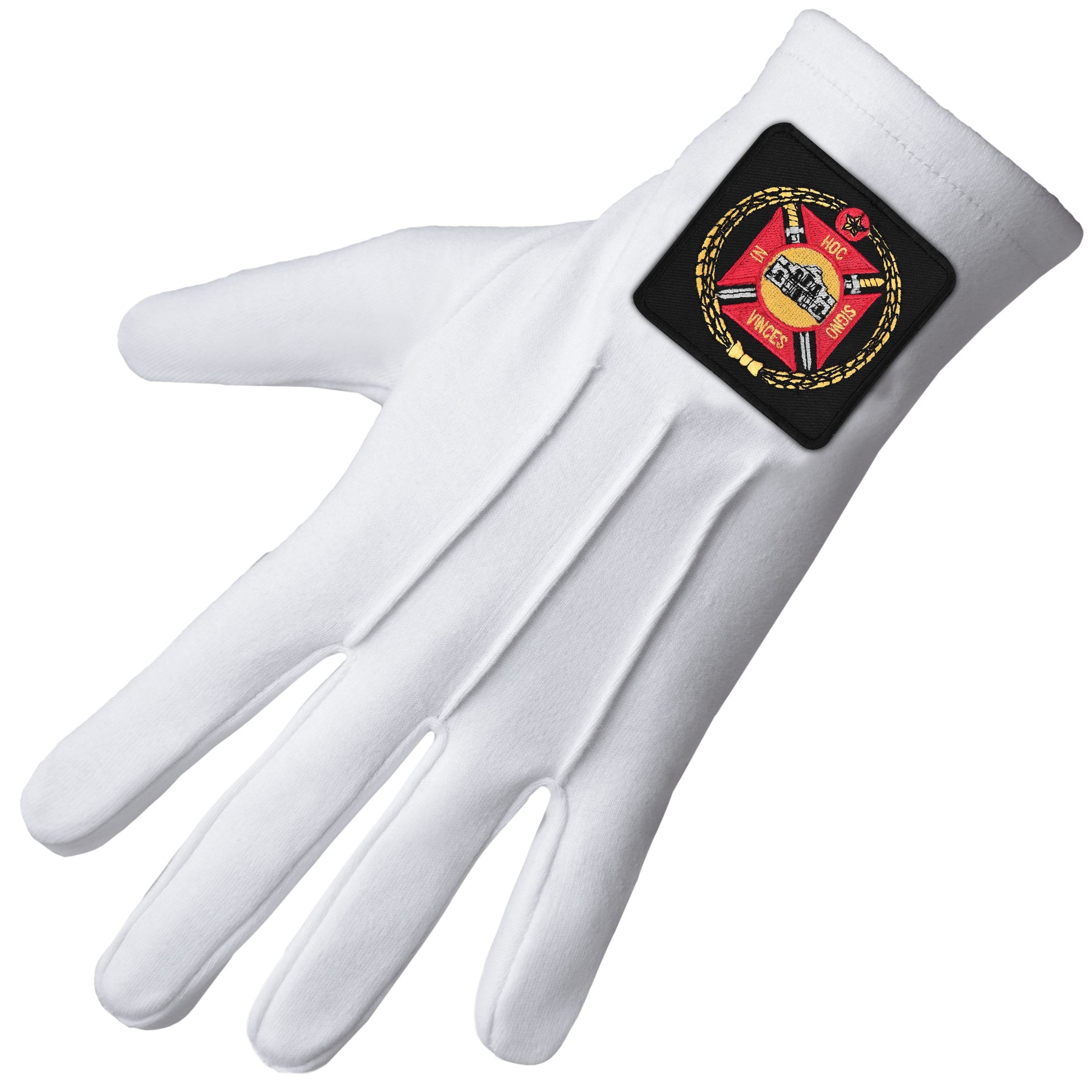 Knights Templar Commandery Glove - White Cotton With Red & Black Emblem - Bricks Masons