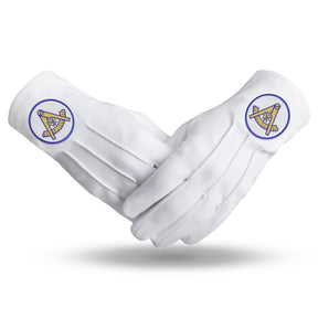 Past Master Blue Lodge California Regulation Glove - Pure Cotton With Gold Emblem With Blue Borders - Bricks Masons