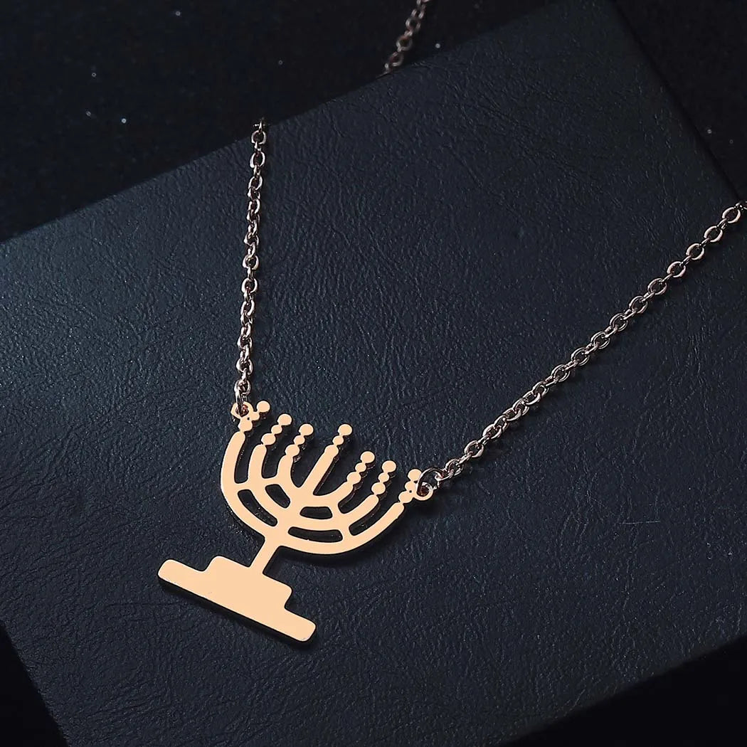 Ancient Israel  Necklace- Chanukah Menorah Shaped Stainless Steel Hanukkah Lamp Candles - Bricks Masons