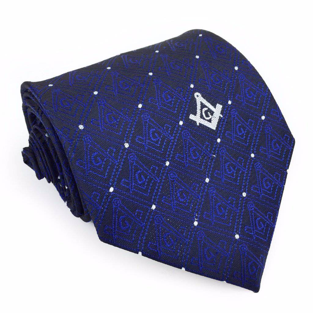 Master Mason Blue Lodge Necktie - Blue & Black with Polkadot Square & Compass G