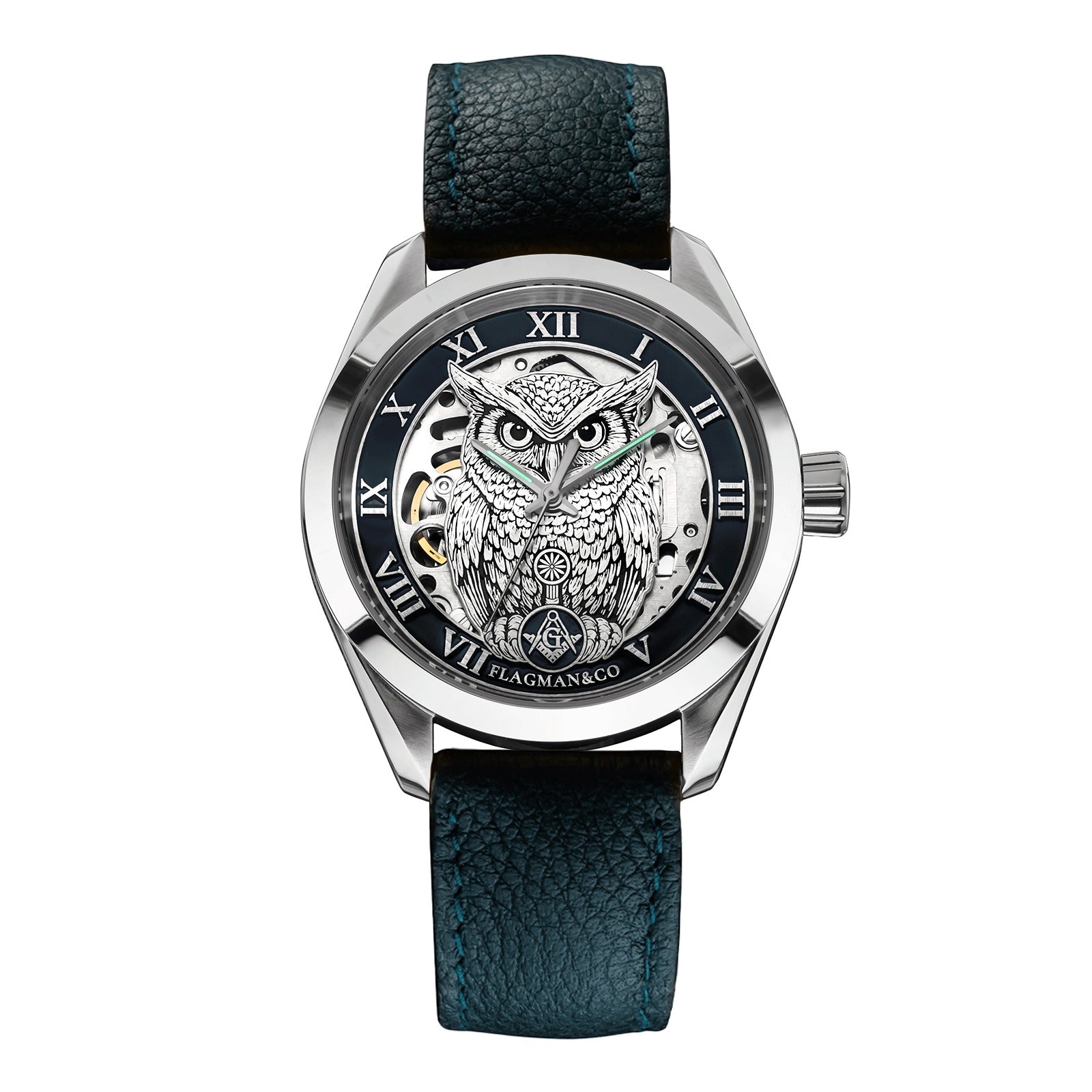 Master Mason Blue Lodge Wristwatch - Blue Bezel Owl with Square & Compasses G - Bricks Masons